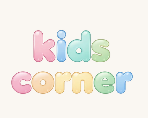 "kids corner" in shiny bubble letters, pink blue yellow and green, bright but soft, logo, transparent background